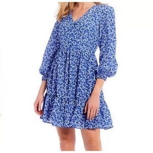 ELIZA J Blue White Cherry Summer Dress Sz 4 Ruffle Vneck Long Puff Sleeve Mini